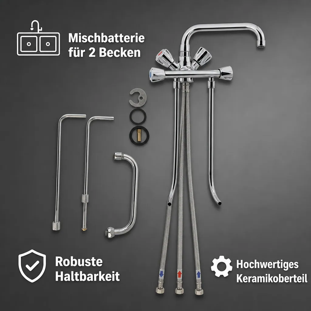 Wasserhahn, Küchenarmatur, Wasserarmatur - Mischbatterie Model „BRUSE“, für 2 Becken Niederdruck