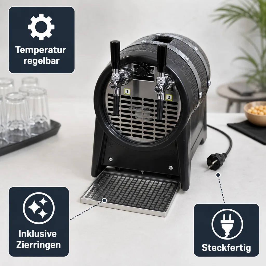 Durchlaufkühler Bier, Durchlaufkühler, Bierzapfanlage, Bierkühler, Trockenkühlgerät, Partyfass - mit Zierringen, 2 Hähne, 60 l/Std