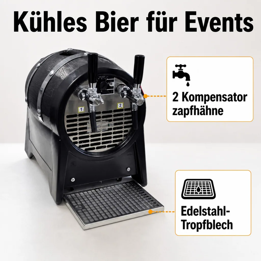 Durchlaufkühler Bier, Durchlaufkühler, Bierzapfanlage, Bierkühler, Trockenkühlgerät, Partyfass - mit Zierringen, 2 Hähne, 60 l/Std