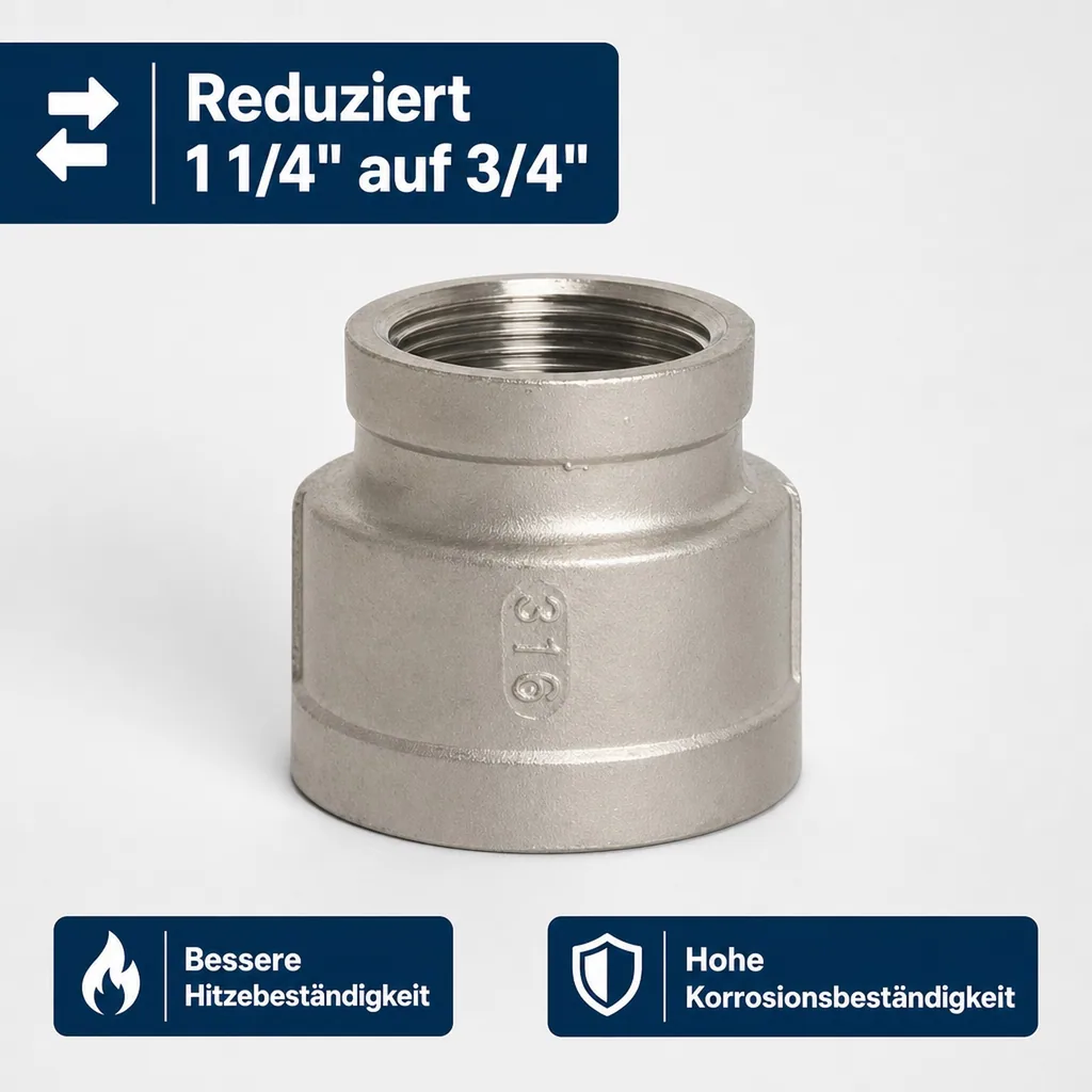 Edelstahl Reduziermuffe, Gewindefitting, 1 1/4" IG x 3/4" IG