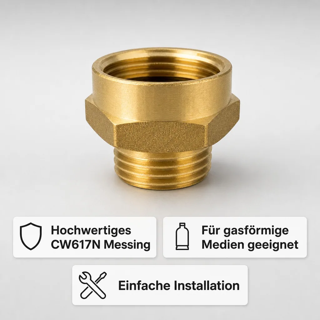 Messing Fitting, Gewindefitting Messing, Doppelnippel 1 1/2" AG x 2" IG