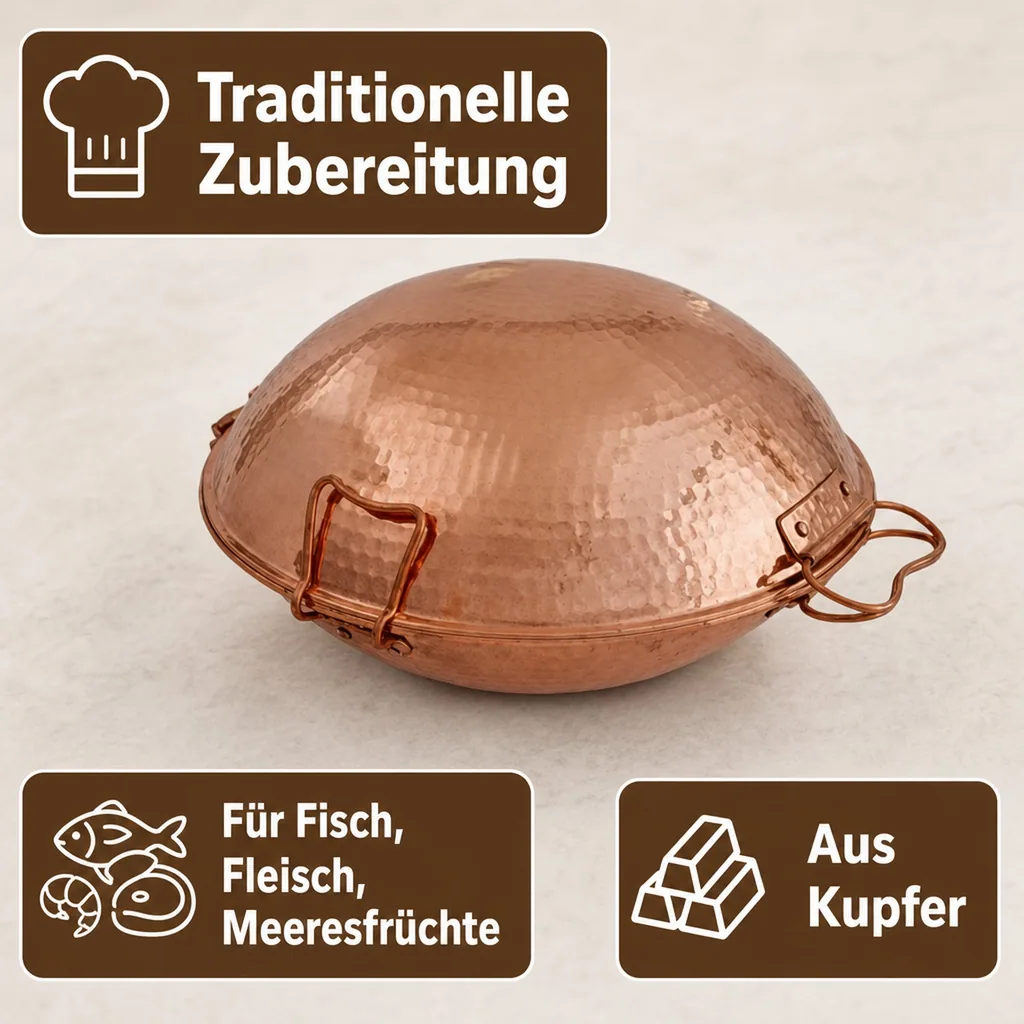 Cataplana - Kupfer, für die Zubereitung von Fisch, Fleisch und Meeresfrüchten, 21cm