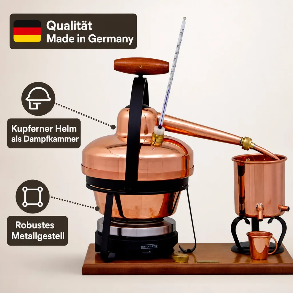 Destille, Destilliergerät, Destillationsapparatur - Premium, mit Elektrischer Kochplatte und Thermometer, 1,25L