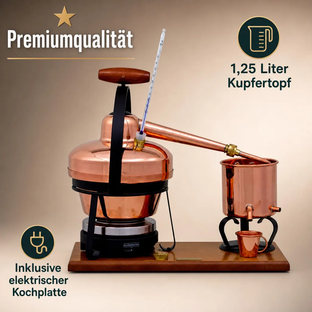Destille, Destilliergerät, Destillationsapparatur - Premium, mit Elektrischer Kochplatte und Thermometer, 1,25L