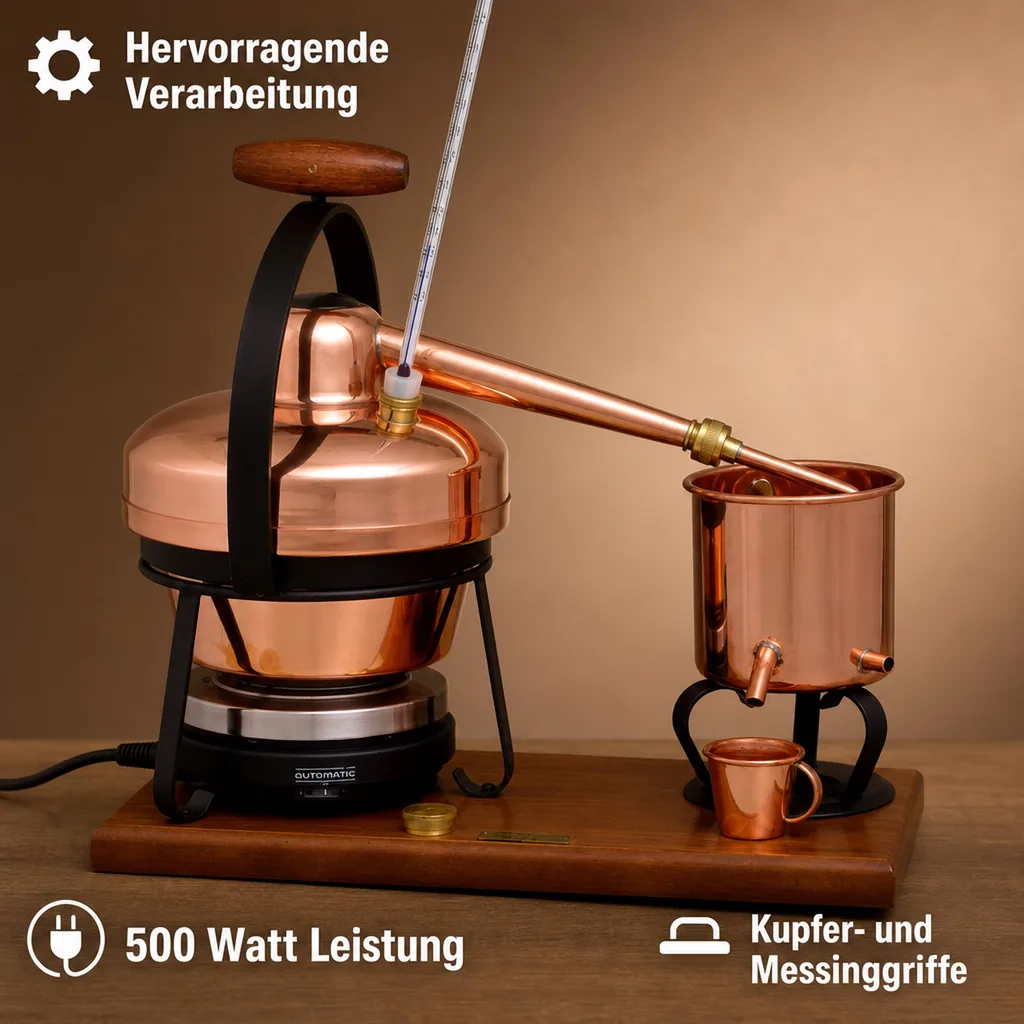 Destille, Destilliergerät, Destillationsapparatur - Premium, mit Elektrischer Kochplatte und Thermometer, 1,25L