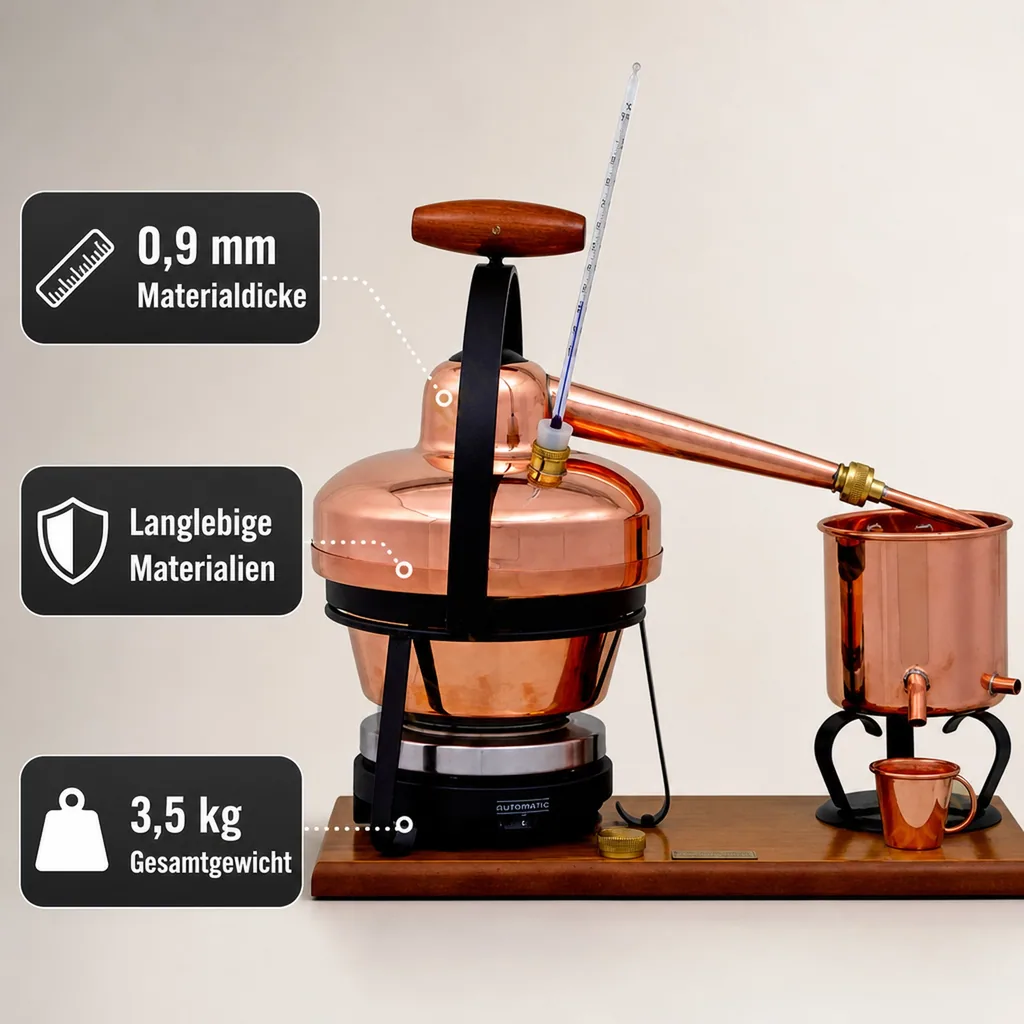 Destille, Destilliergerät, Destillationsapparatur - Premium, mit Elektrischer Kochplatte und Thermometer, 1,25L