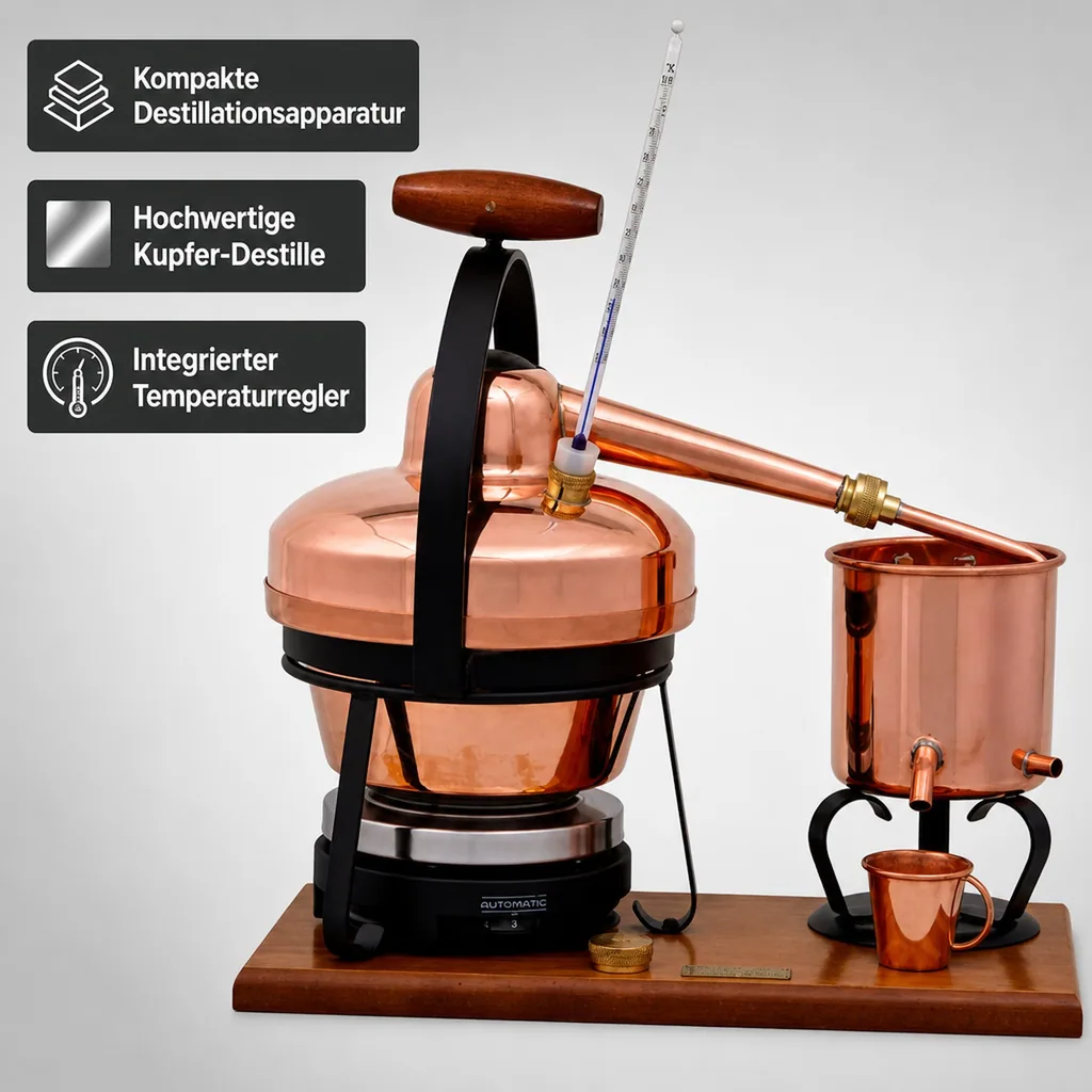 Destille, Destilliergerät, Destillationsapparatur - Premium, mit Elektrischer Kochplatte und Thermometer, 1,25L