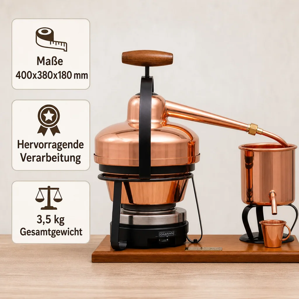 Destille, Destilliergerät, Destillationsapparatur - Premium, mit Elektrischer Kochplatte, 1,25L