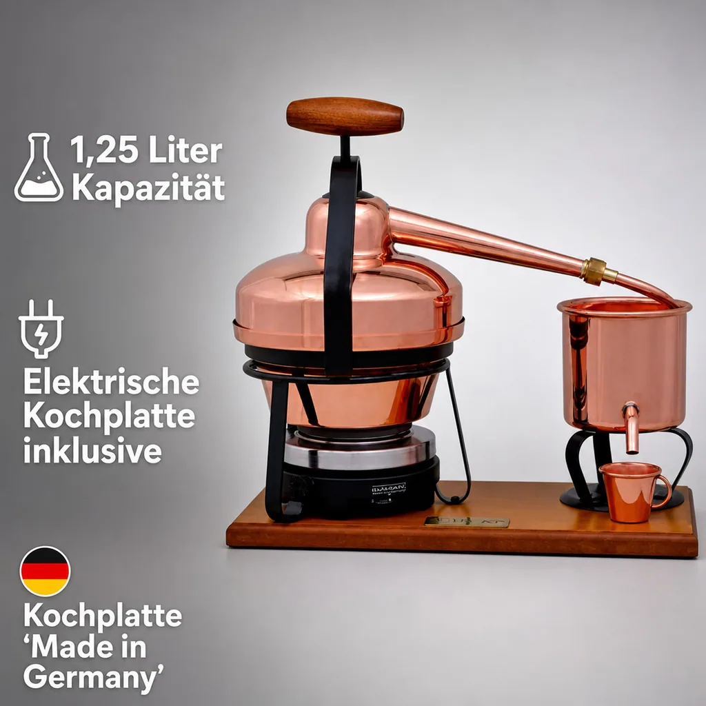 Destille, Destilliergerät, Destillationsapparatur - Premium, mit Elektrischer Kochplatte, 1,25L