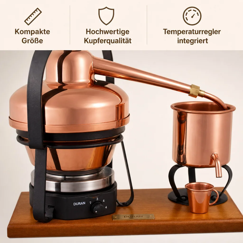 Destille, Destilliergerät, Destillationsapparatur - Premium, mit Elektrischer Kochplatte, 1,25L