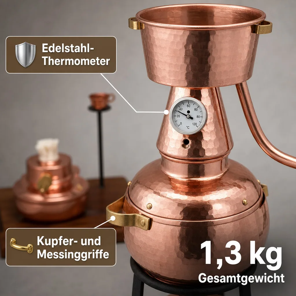 Destille, Destilliergerät, Destillationsapparatur - Alquitar Premium mit Spiritusbrenner und Thermometer, 0,7L