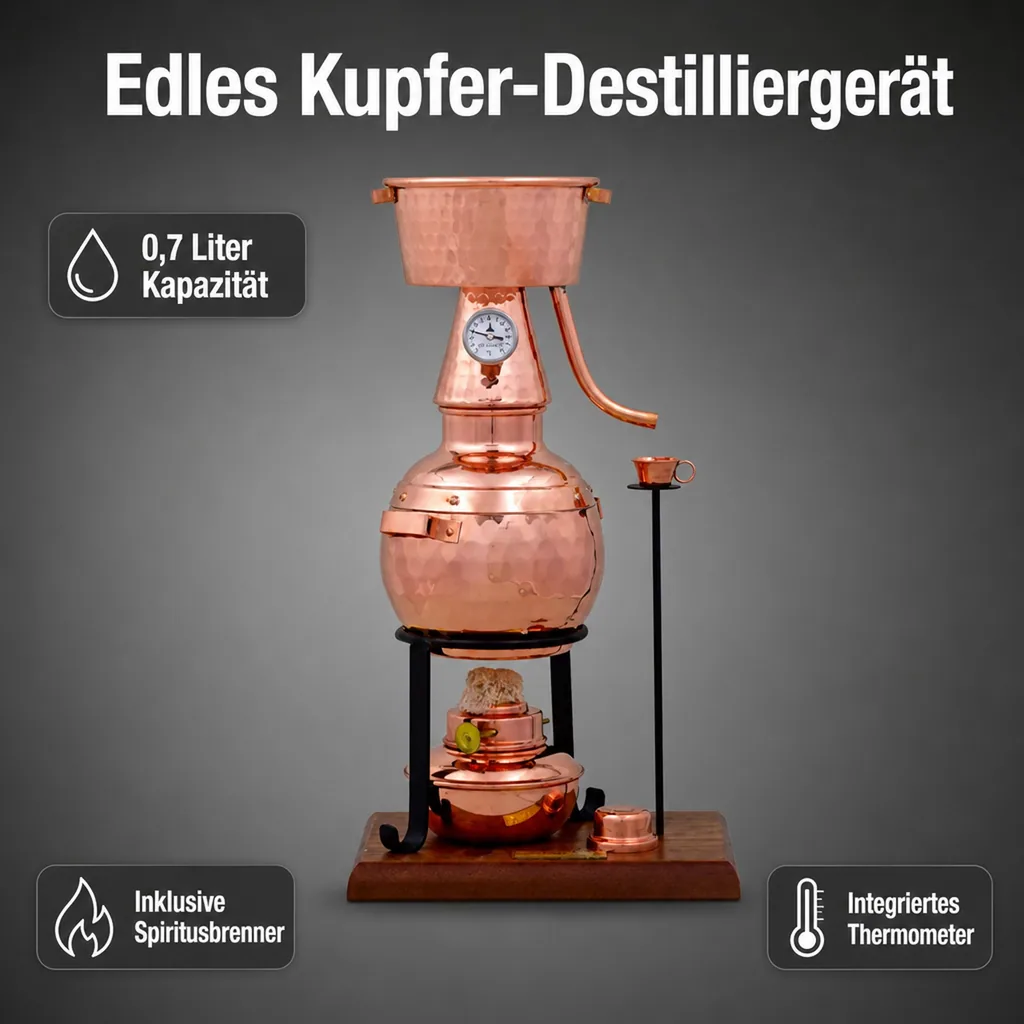 Destille, Destilliergerät, Destillationsapparatur - Alquitar Premium mit Spiritusbrenner und Thermometer, 0,7L