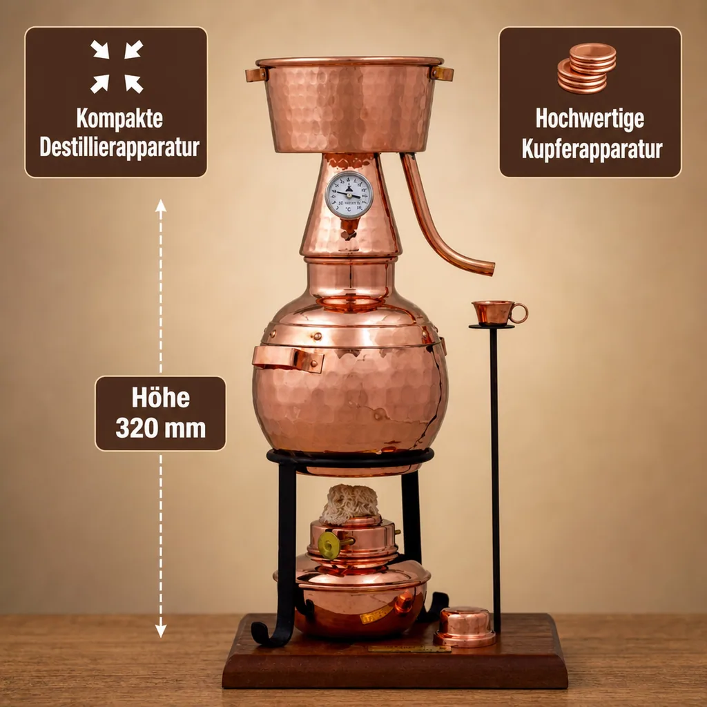 Destille, Destilliergerät, Destillationsapparatur - Alquitar Premium mit Spiritusbrenner und Thermometer, 0,7L