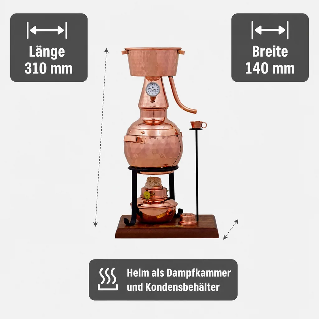 Destille, Destilliergerät, Destillationsapparatur - Alquitar Premium mit Spiritusbrenner und Thermometer, 0,7L
