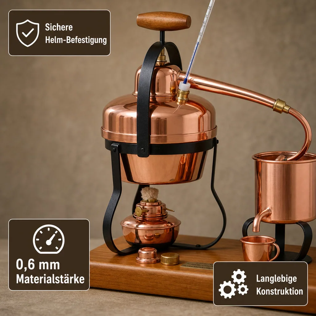Destille, Destilliergerät, Destillationsapparatur - mit Spiritusbrenner und Thermometer, 1,25L
