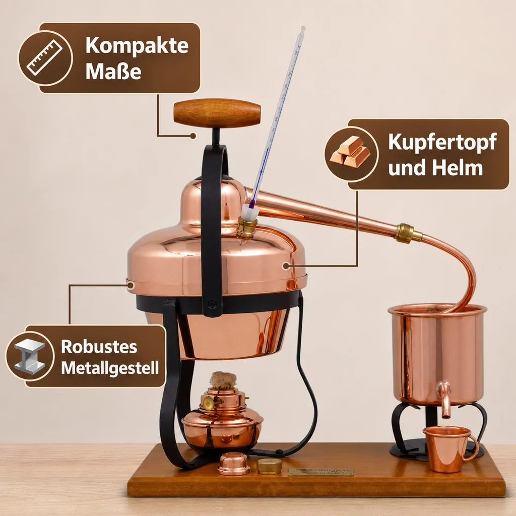 Destille, Destilliergerät, Destillationsapparatur - mit Spiritusbrenner und Thermometer, 1,25L