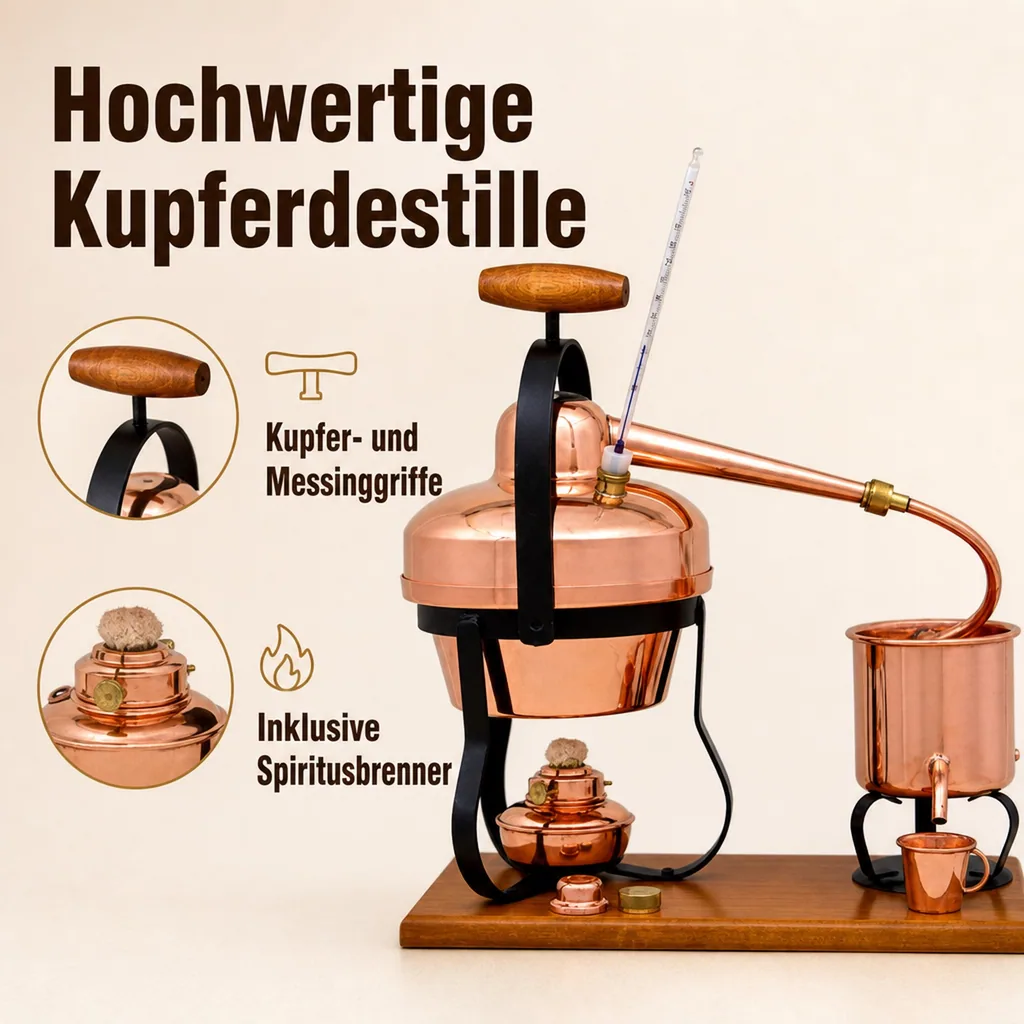 Destille, Destilliergerät, Destillationsapparatur - mit Spiritusbrenner und Thermometer, 1,25L