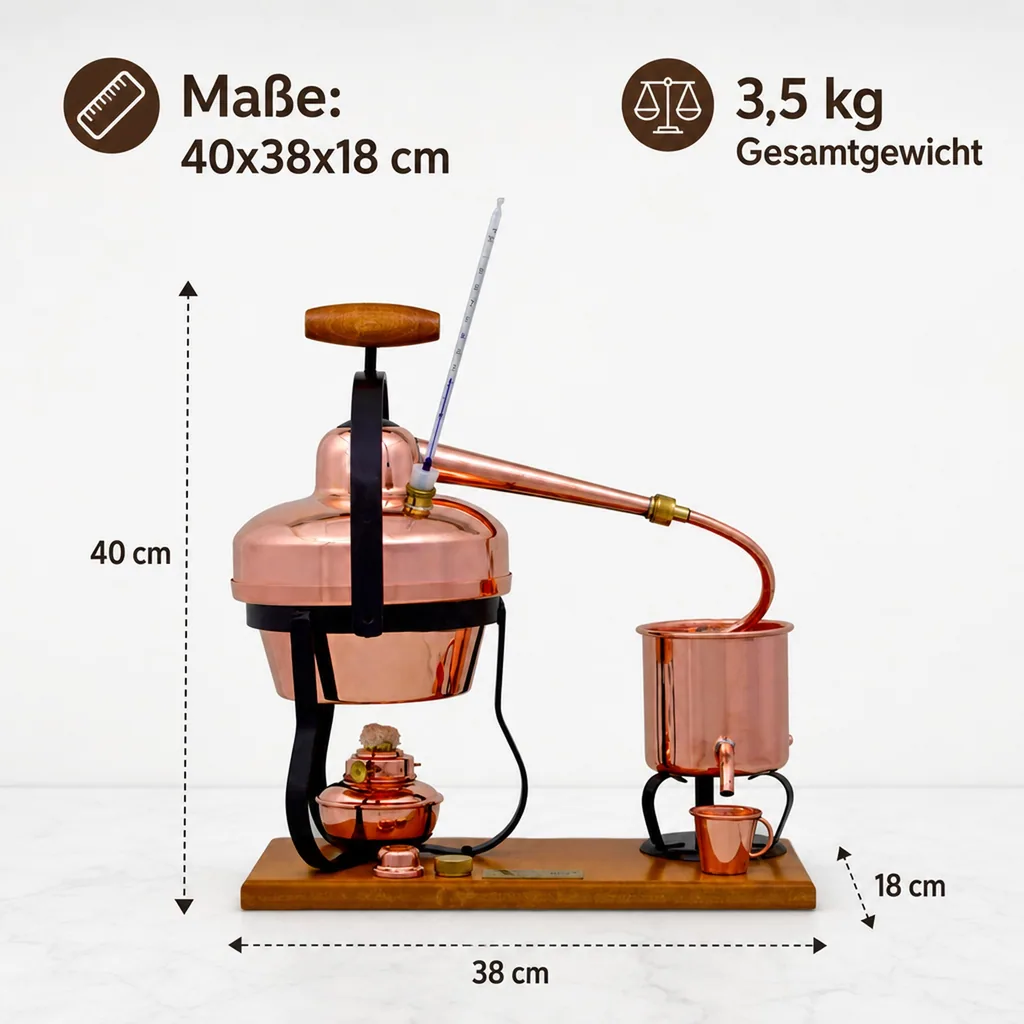 Destille, Destilliergerät, Destillationsapparatur - mit Spiritusbrenner und Thermometer, 1,25L