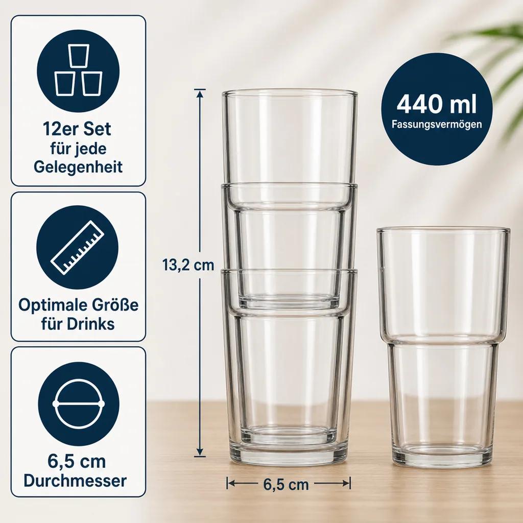 Longdrinkgläser, Trinkgläser 12er-Set - Hill, 440 ml