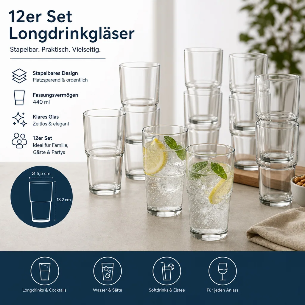 Longdrinkgläser, Trinkgläser 12er-Set - Hill, 440 ml