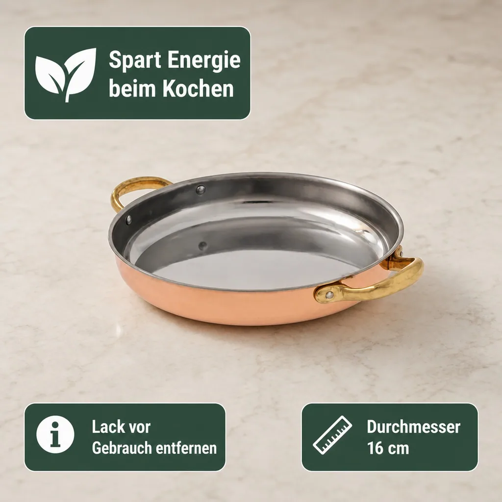 Bratpfanne, Kupferpfanne mit Griffen - aus Kupfer und Messing, 16cm