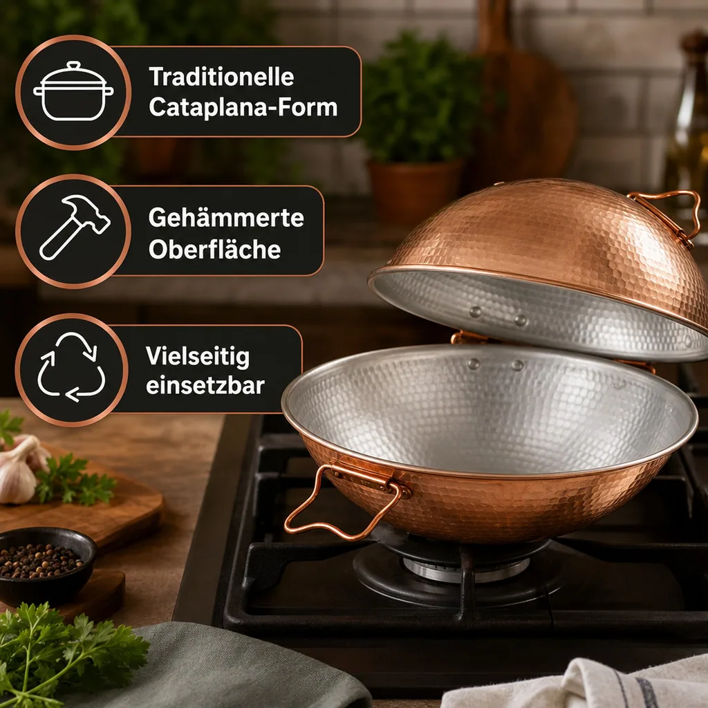 Cataplana - Kupfer, für die Zubereitung von Fisch, Fleisch und Meeresfrüchten, 30cm