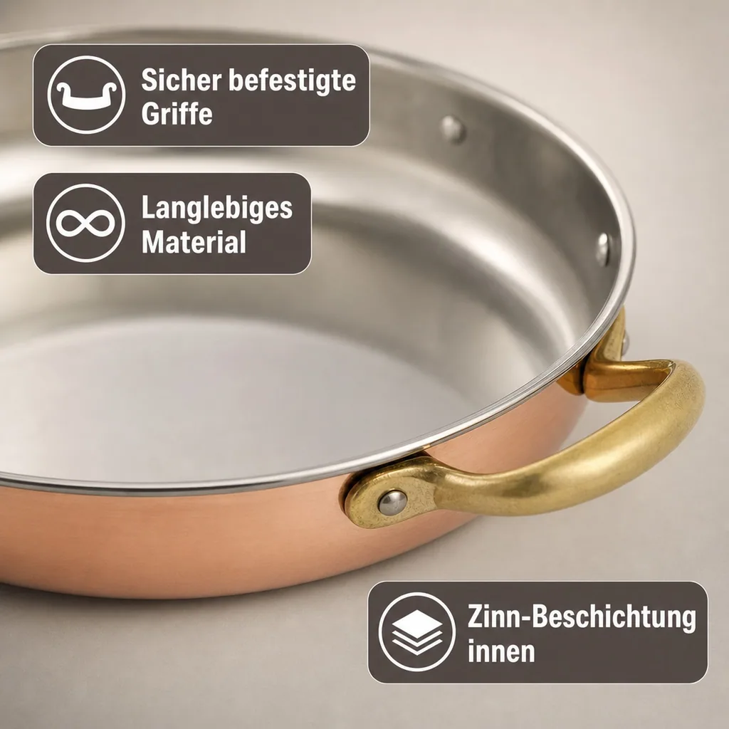 Bratpfanne, Kupferpfanne mit Griffen - aus Kupfer und Messing, 20cm