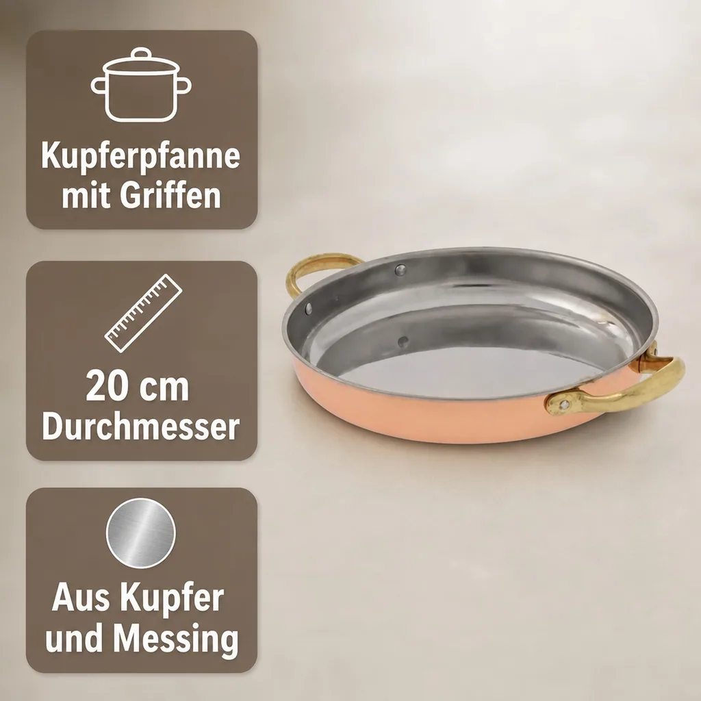 Bratpfanne, Kupferpfanne mit Griffen - aus Kupfer und Messing, 20cm