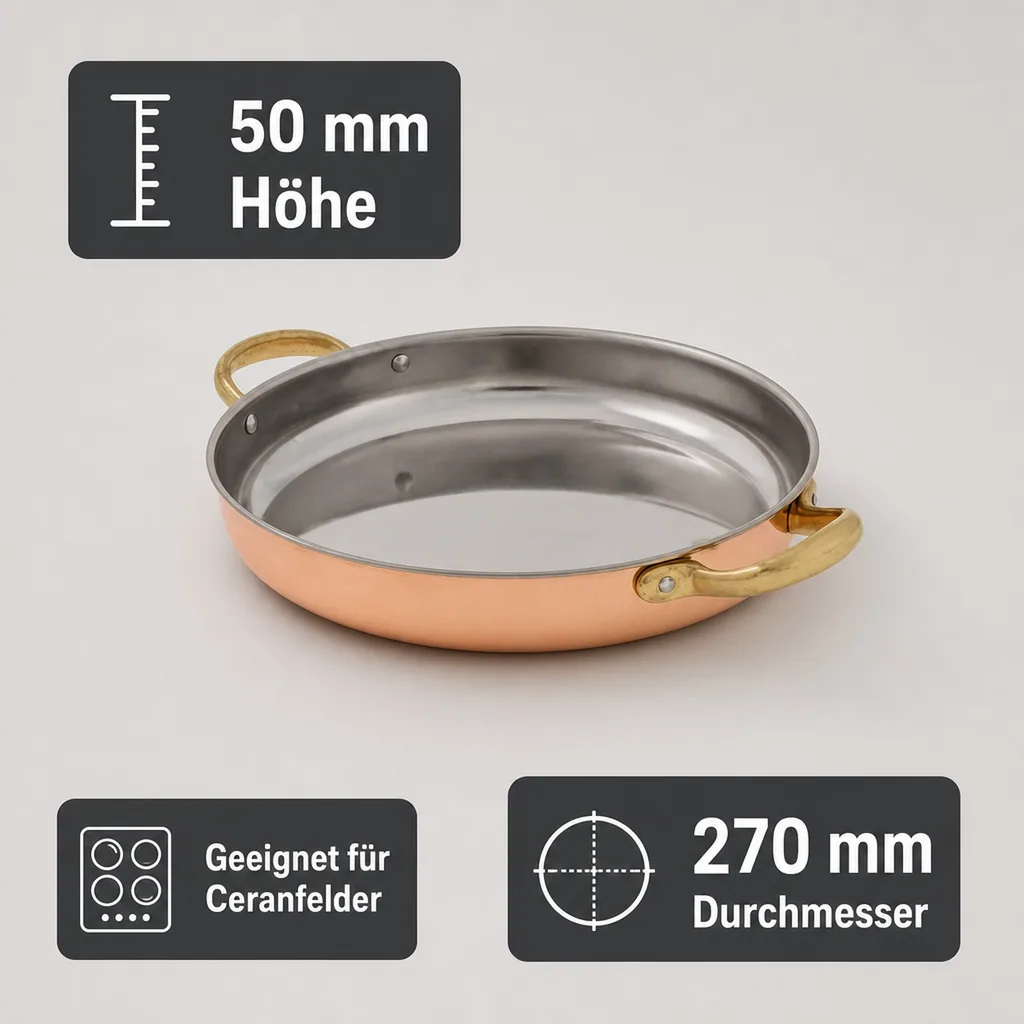 Bratpfanne, Kupferpfanne mit Griffen - aus Kupfer und Messing, 26cm
