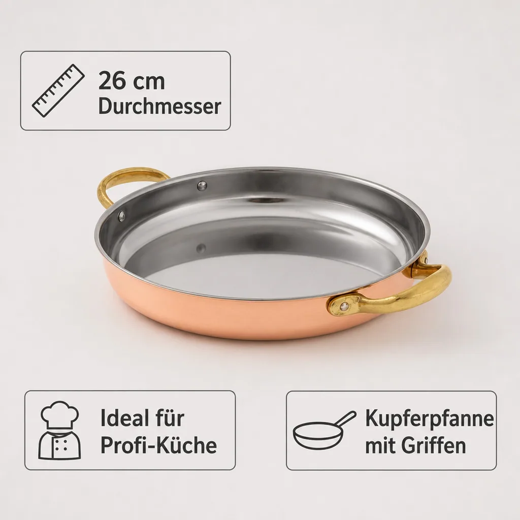 Bratpfanne, Kupferpfanne mit Griffen - aus Kupfer und Messing, 26cm