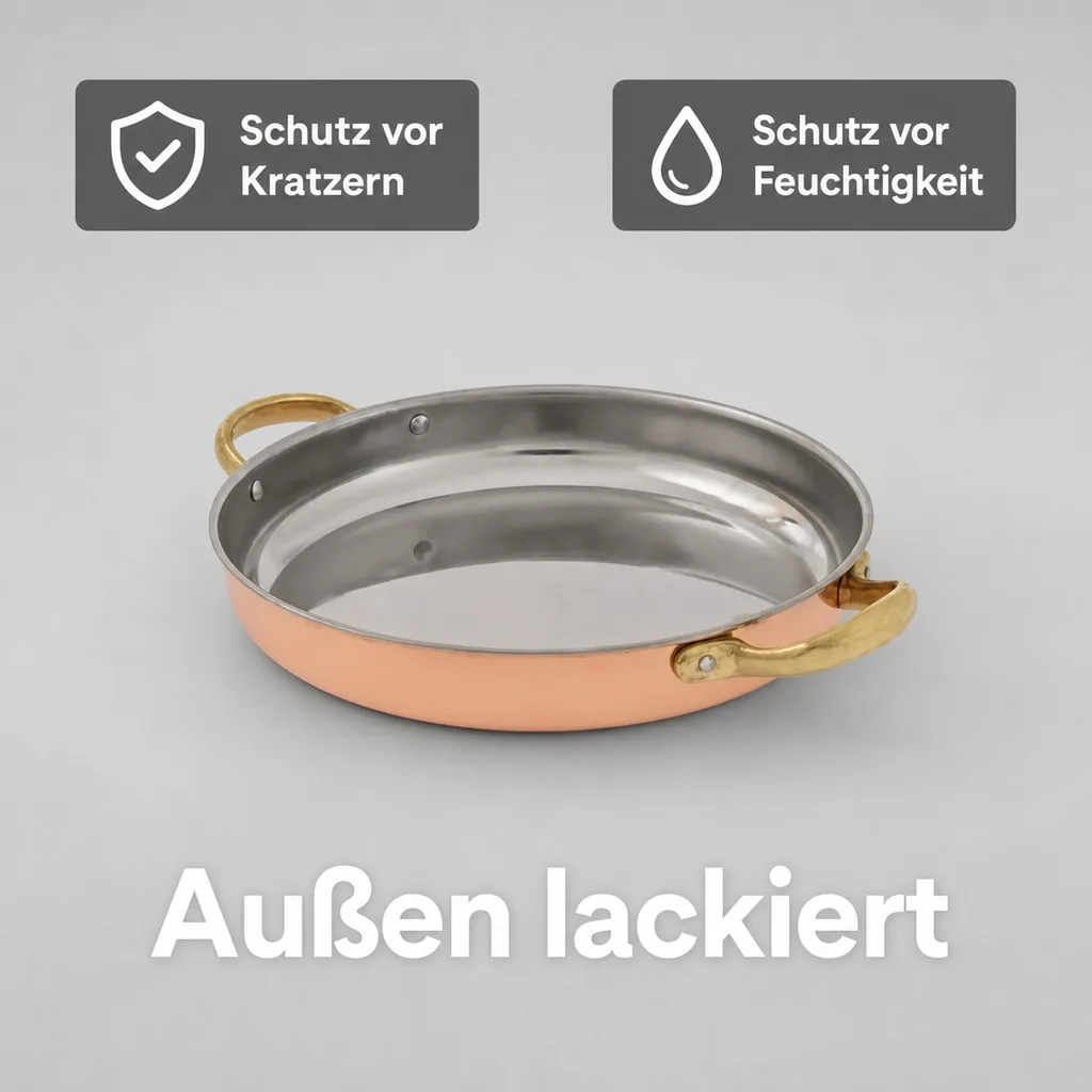 Bratpfanne, Kupferpfanne mit Griffen - aus Kupfer und Messing, 26cm