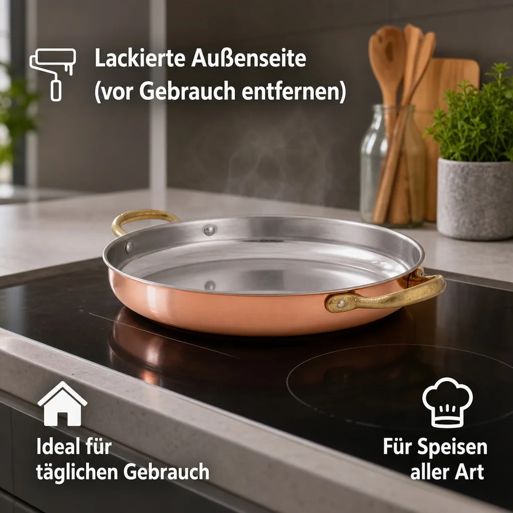 Bratpfanne, Kupferpfanne mit Griffen - aus Kupfer und Messing, 32cm