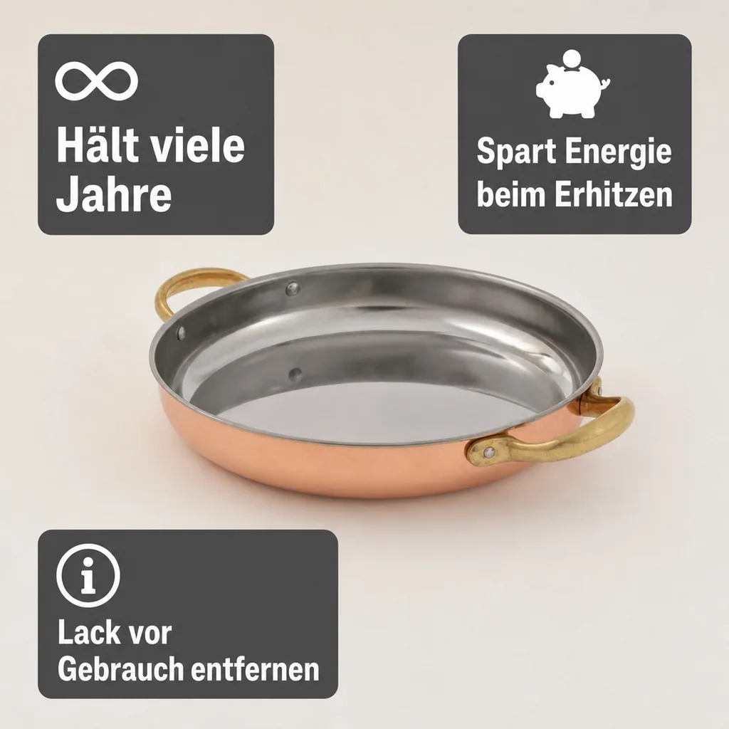 Bratpfanne, Kupferpfanne mit Griffen - aus Kupfer und Messing, 32cm