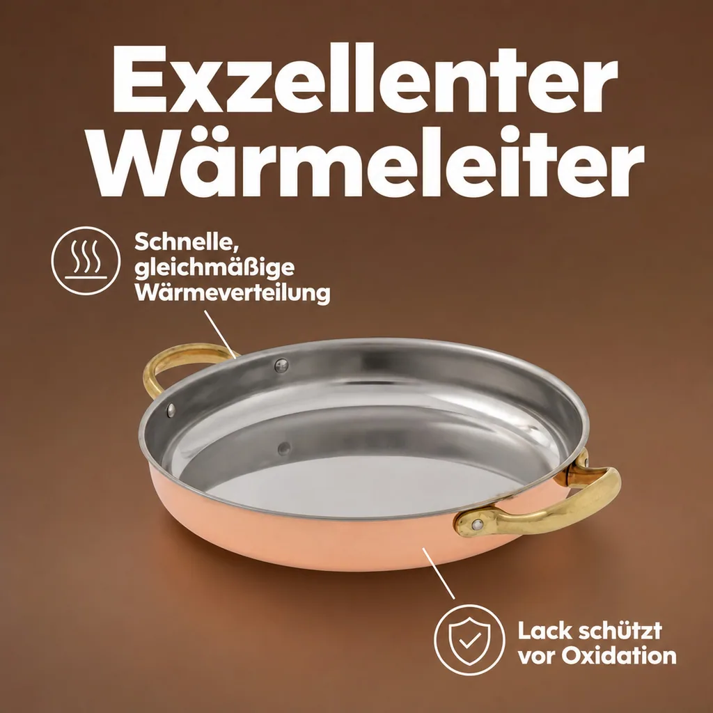 Bratpfanne, Kupferpfanne mit Griffen - aus Kupfer und Messing, 32cm