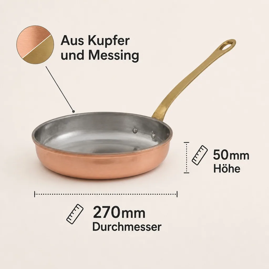 Bratpfanne, Kupferpfanne - aus Kupfer und Messing, 26cm