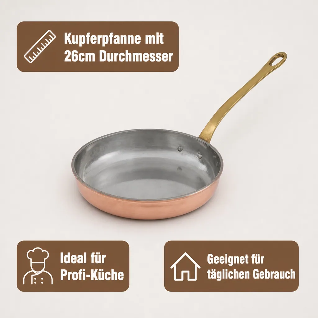 Bratpfanne, Kupferpfanne - aus Kupfer und Messing, 26cm