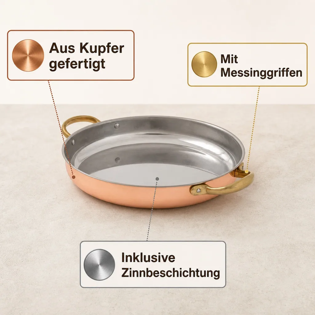 Bratpfanne, Kupferpfanne mit Griffen - aus Kupfer und Messing, 28cm