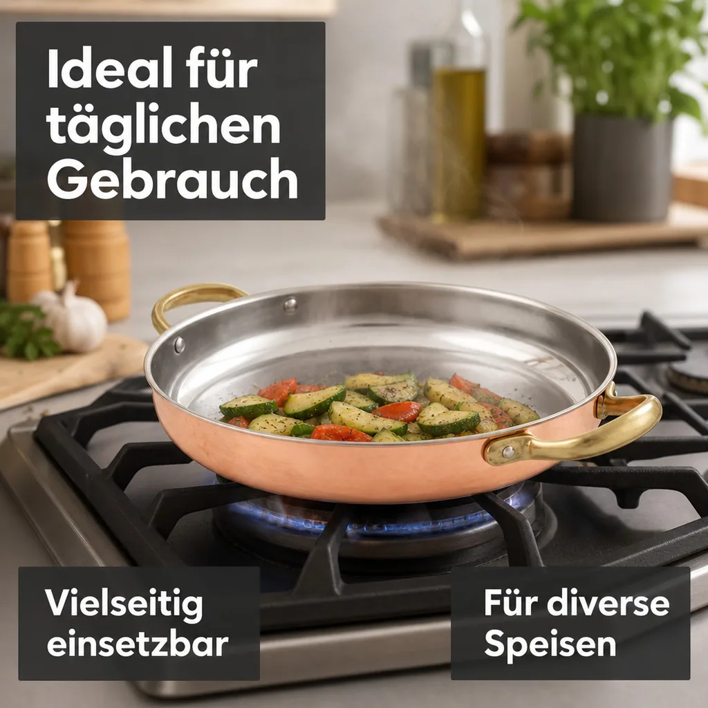 Bratpfanne, Kupferpfanne mit Griffen - aus Kupfer und Messing, 28cm