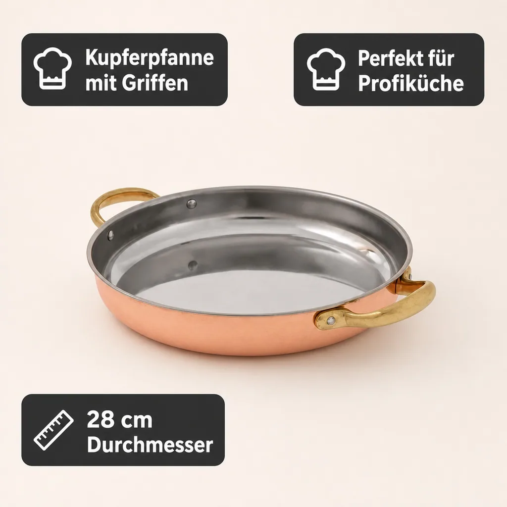 Bratpfanne, Kupferpfanne mit Griffen - aus Kupfer und Messing, 28cm
