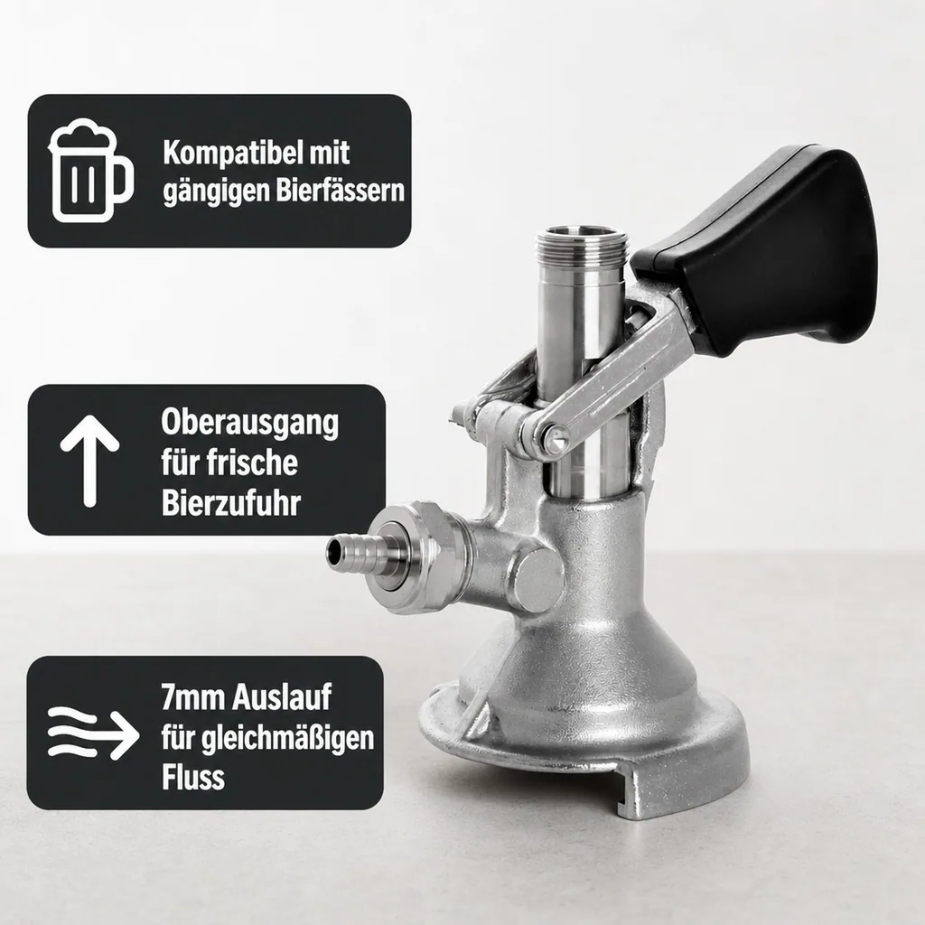 Zapfkopf, Keg Verschluss mit oberem Ausgang (Kelleranstich), Flachfitting | 2x 5/8"