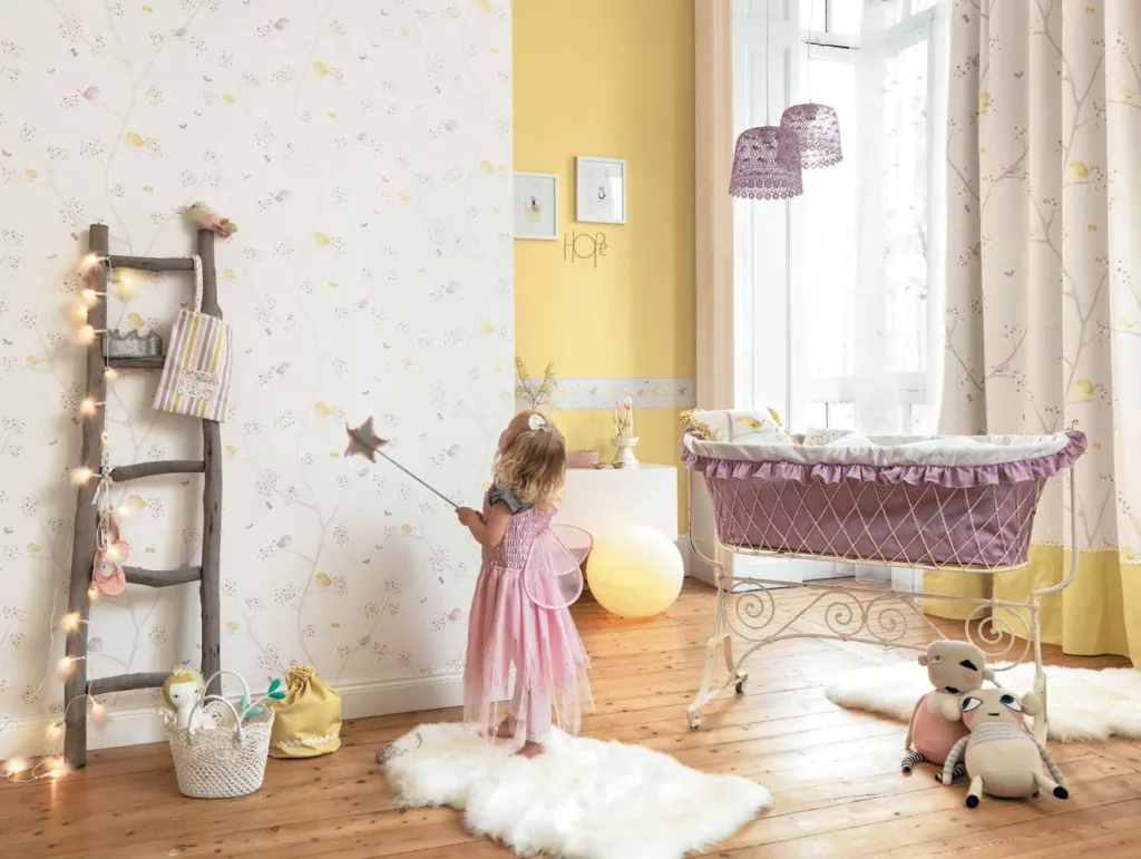 Casadeco My Little World Stoff Vögelchen rosa grau