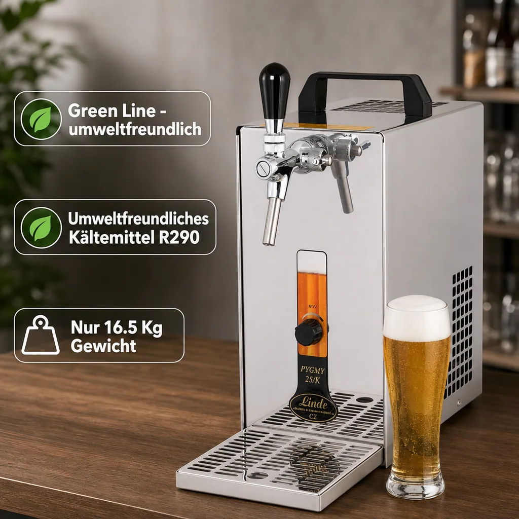 Zapfanlage, Bierzapfen, Bierzapfanlage, PYGMY 20/K, mit Membranpumpe, 1-leitig Trockenkühlgerät, aus Edelstahl, 25 Liter/h, Green Line