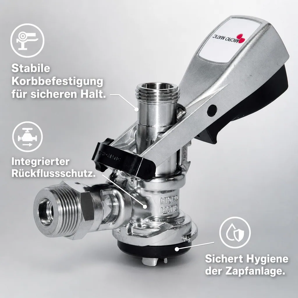 Zapfkopf, Keg Anschluss - Micro Matic Typ Korb | Kelleranstich mit Edelstahl-Stößel & Rücklaufsicherung