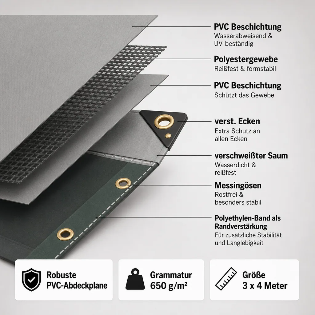 Abdeckplane PVC, 650 g/m², 3 x 4m (12m²), Plane grau, wasserdicht, reißfest
