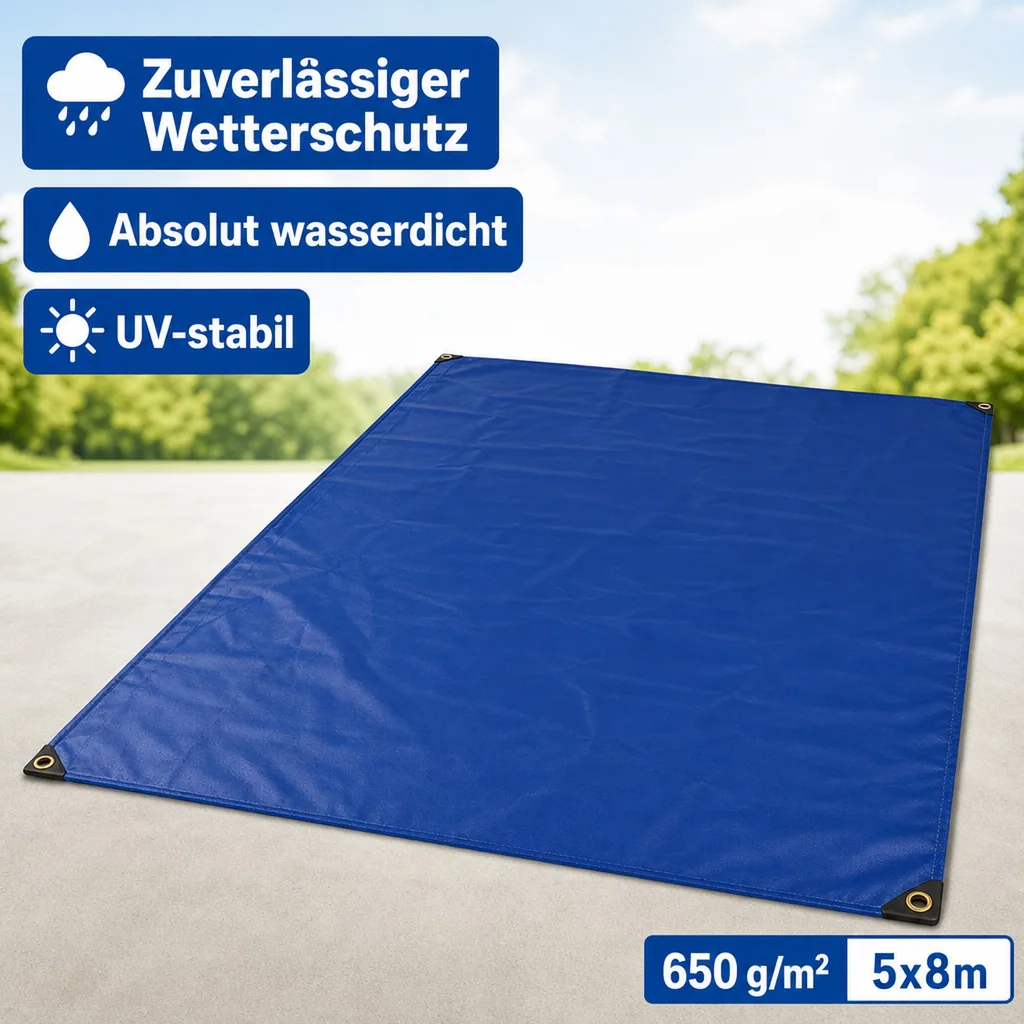 Abdeckplane PVC 650 g/m² blau 5x8m (40m²), wasserdicht und reißfest