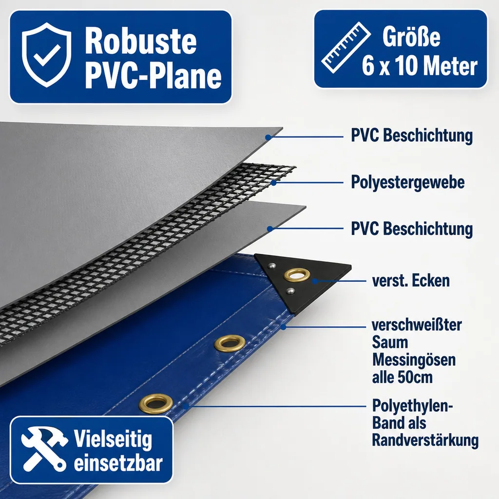 PVC Abdeckplane 650g/m², 6x10m (60m²), blau, wasserdicht, reißfest