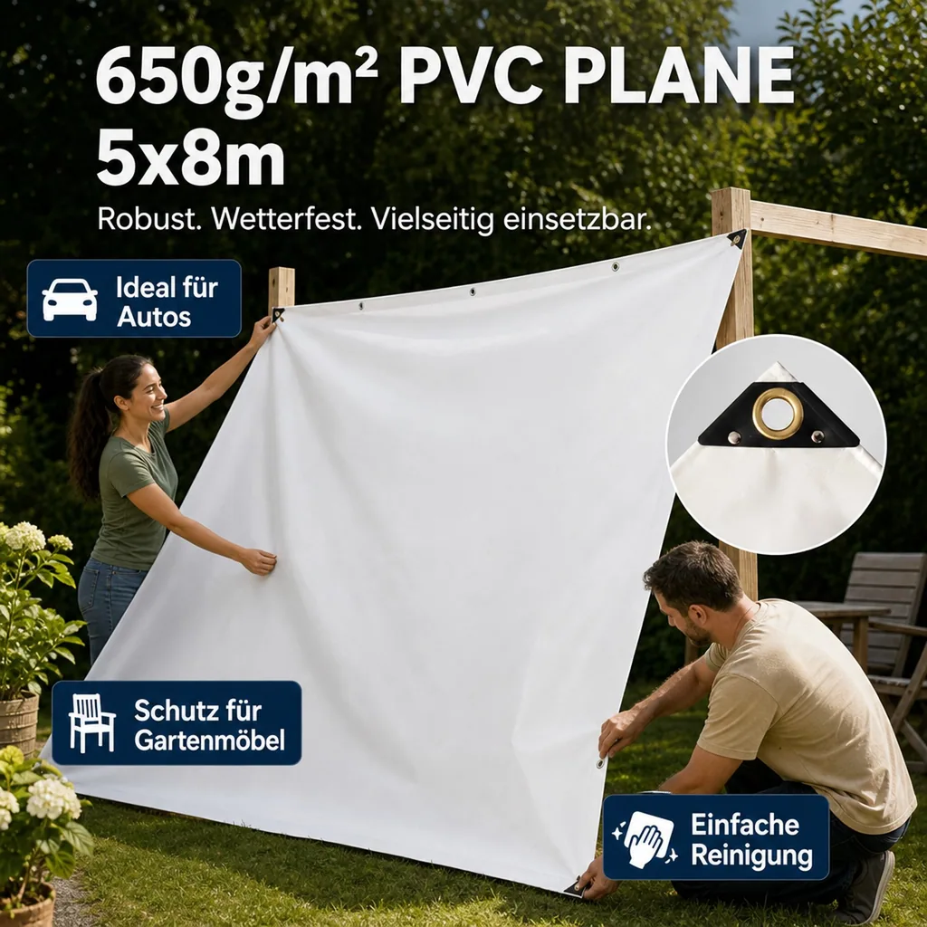 Abdeckplane 650g/m², PVC Plane 5x8m (40m²), weiß