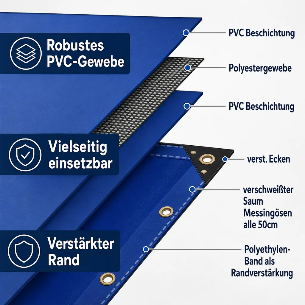 PVC Abdeckplane 3x6m, 650g/m², blau, wasserdicht und UV-stabil