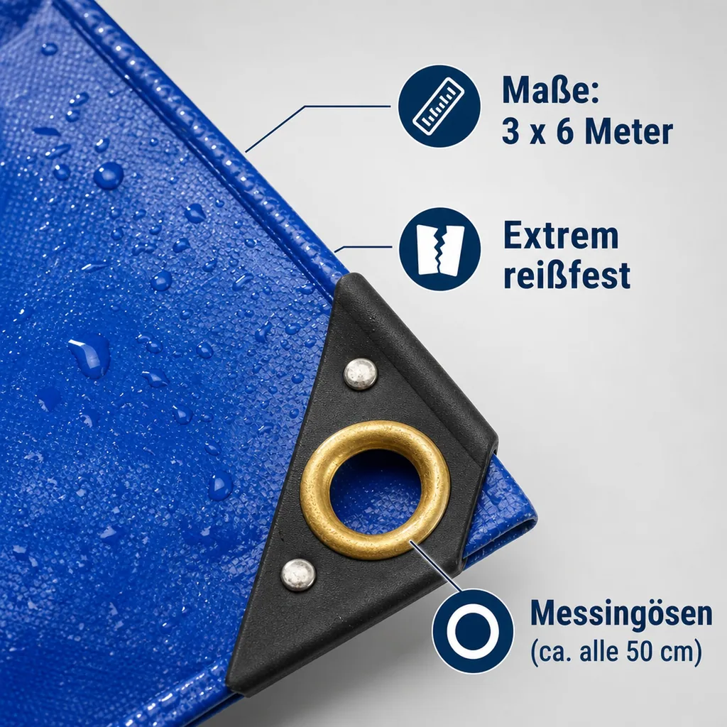 PVC Abdeckplane 3x6m, 650g/m², blau, wasserdicht und UV-stabil