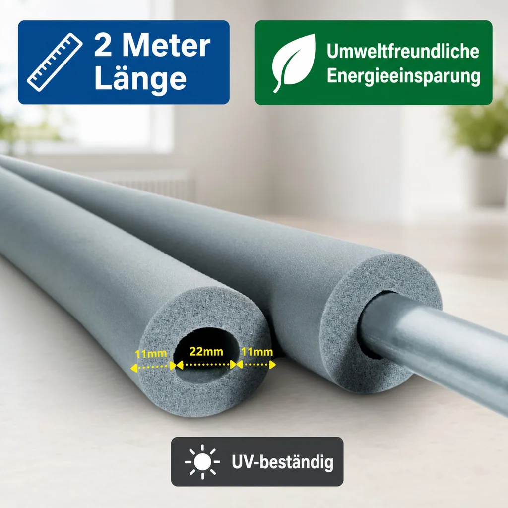 Rohrisolierung 22mm, Kautschuk, 2m, Heizungsrohr Isolierung, 10mm, Schwarz